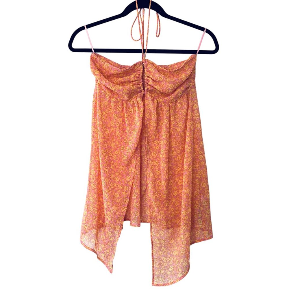 Bershka Sz XS Sheer Open-Front Floral Tropical Ruched Halter Top Pink/Yellow